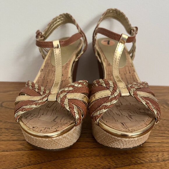 Marc Fisher Gold and Tan Summer Wedge Heels - Picture 1 of 5
